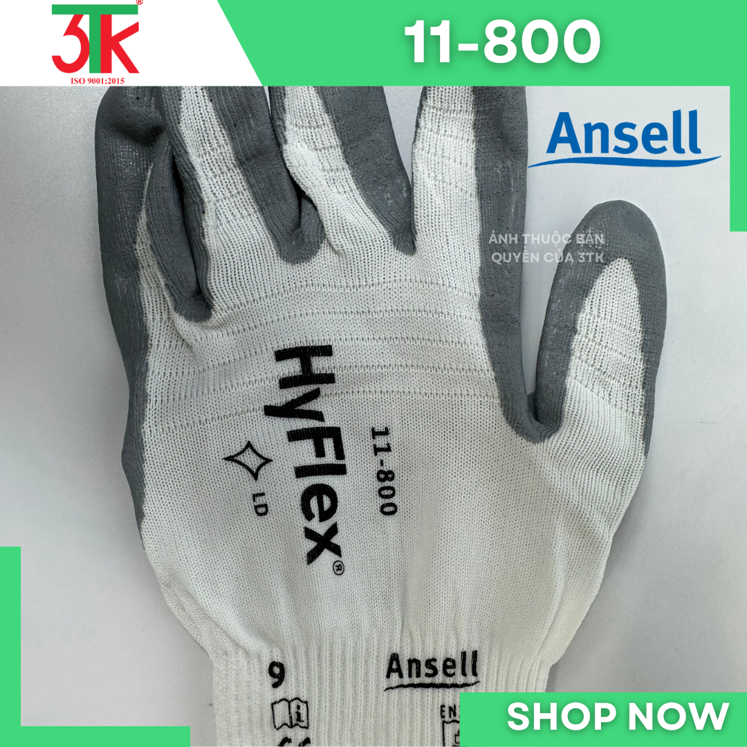 Găng tay Ansell hyflex 11-800, bảo hộ lao động cơ khí, kỹ thuật, ôm sát tay, linh hoạt