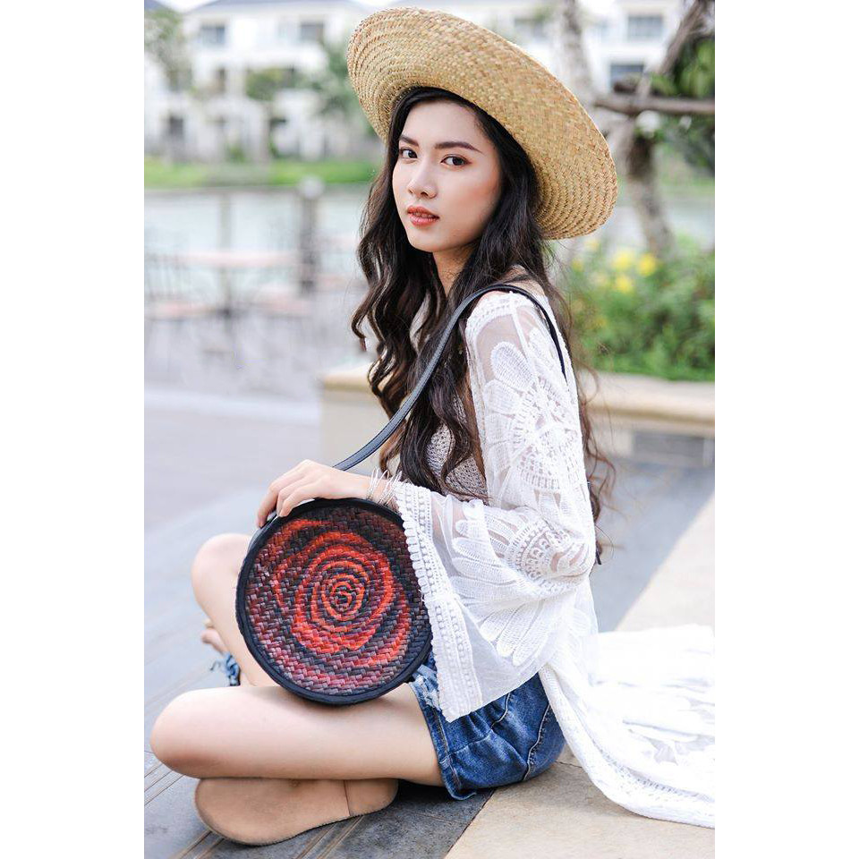 Túi xách cỏ bàng thời trang đeo chéo tròn 23cm