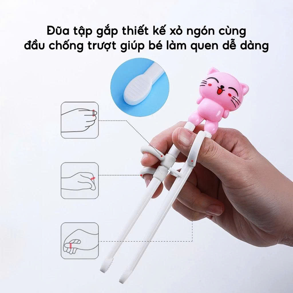 Bộ Ăn Dặm Cho Bé 3 Món, Đũa Xỏ Ngón + Thìa + Dĩa, Dễ Cầm Chống Rơi, An Toàn, Màu Xanh/Hồng - HÀNG CHÍNH HÃNG MINIIN