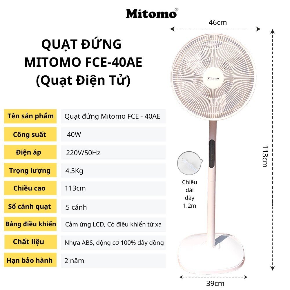 Quạt Đứng 5 Cánh Mitomo FCE-40 hàng chính hãng, Điều Khiển Từ Xa, Hẹn Giờ, Tiếng Ồn Thấp