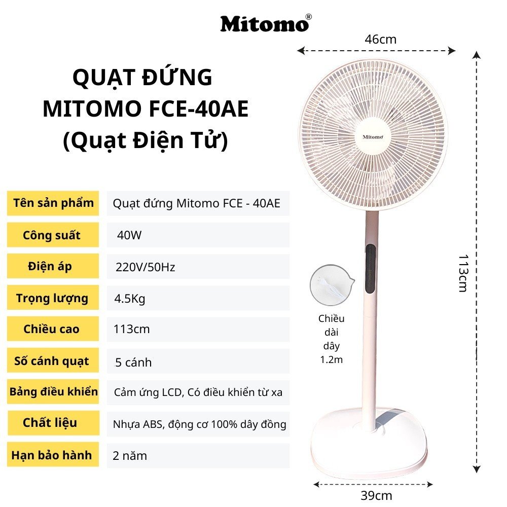 Quạt Cây Đứng Mitomo FCE-40 có điều khiễn từ xa, hẹn giờ hàng chính hãng