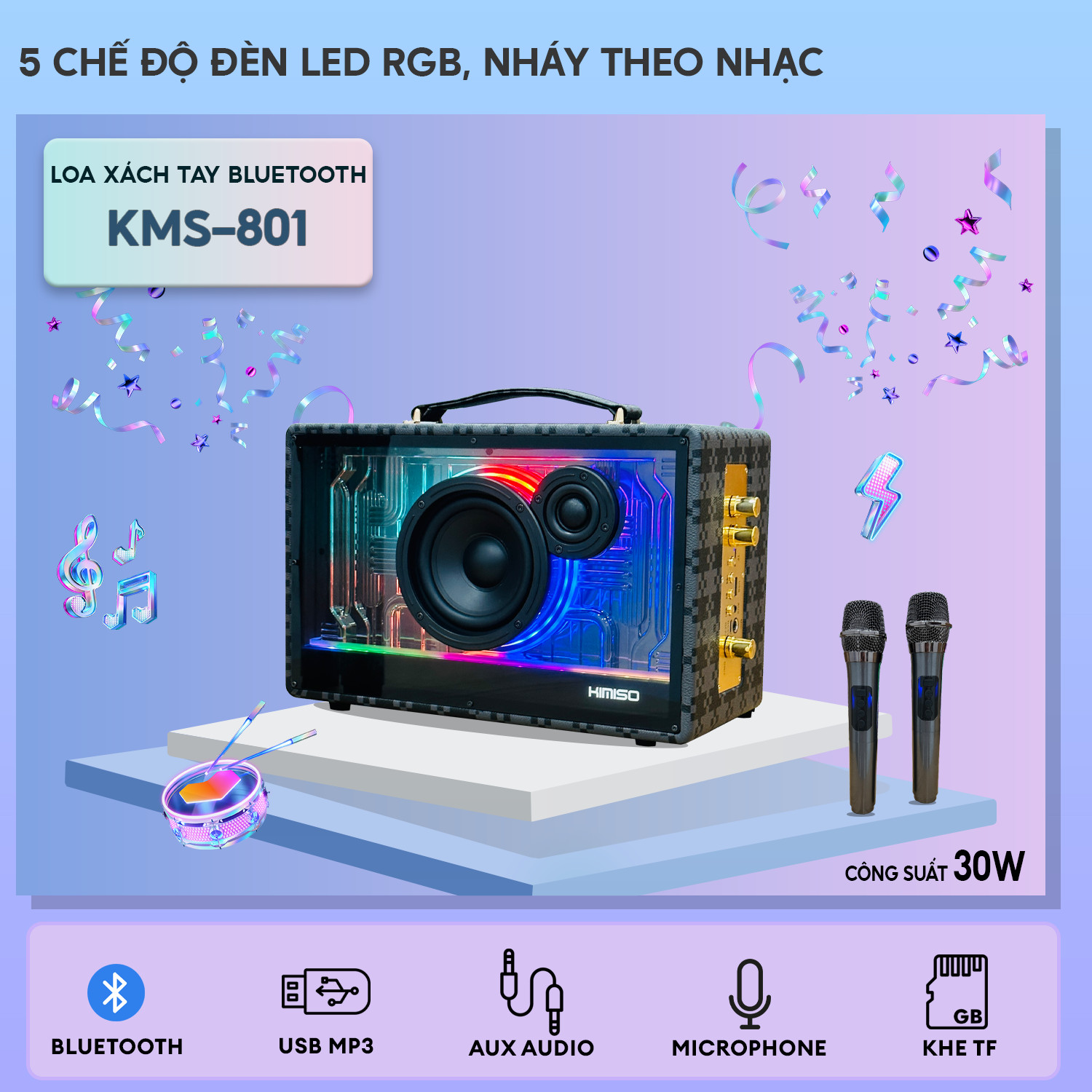 Loa Xách Tay Kimiso KMS 801 - Âm Thanh Căng Chắc Mạnh Mẽ Chân Thực Sắc Nét Đèn Led RGB Độc Đáo Nháy Theo Nhạc Kết Nối Bluetooth Dễ Dàng, Tặng Kèm 2 Micro Karaoke Sạc Pin Qua Cổng Type-C hàng chính hãng