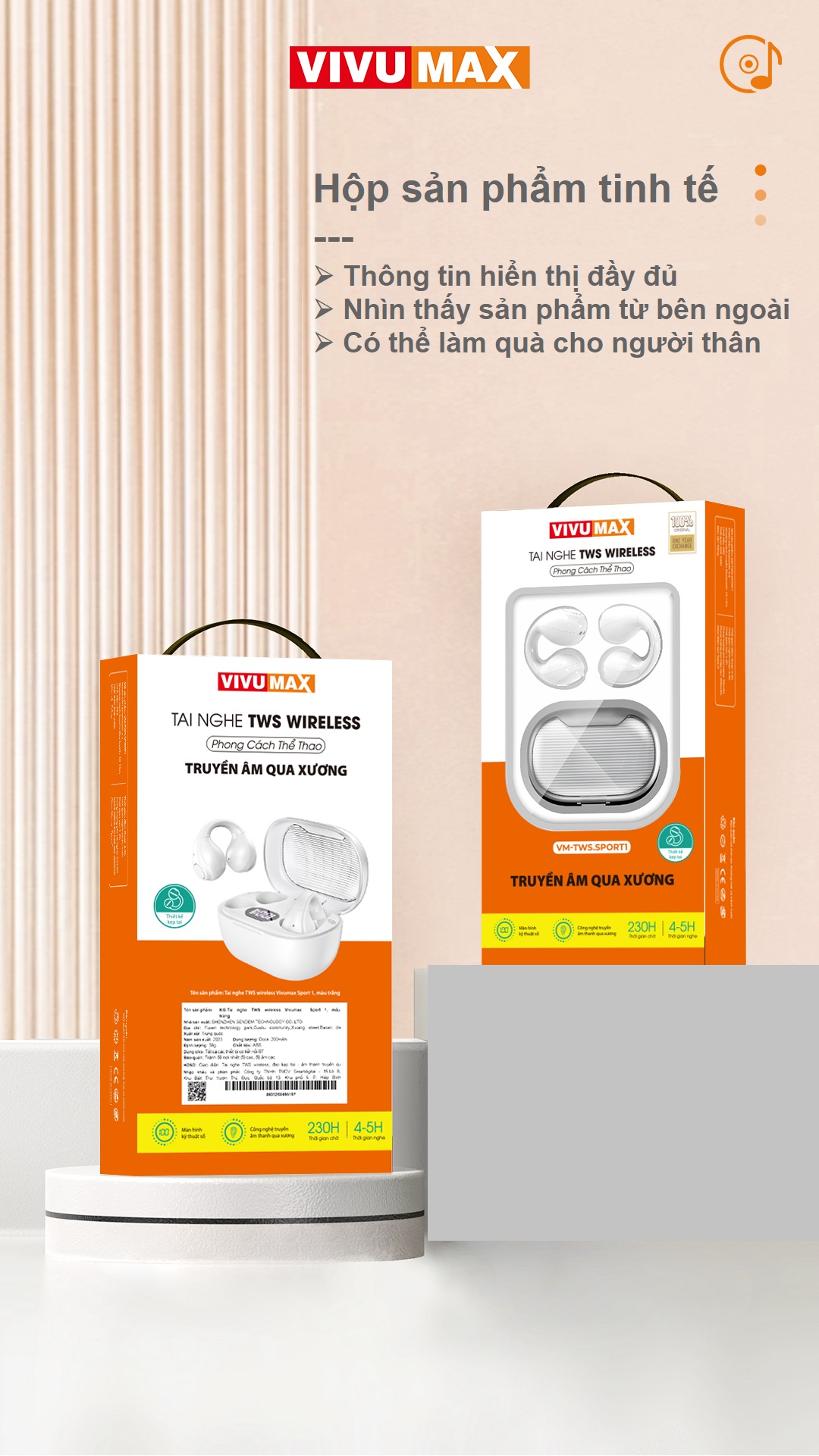 Tai Nghe Không Dây Kẹp Tai TWS Vivumax Sport 1 màu trắng - Hàng Chính Hãng, Bảo Hành Chính Hãng
