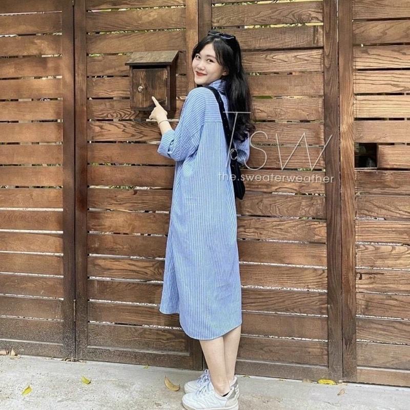 Đầm Sơmi Sọc Xanh Vintage Đầm Sơmi Dài Tay siêu xinhh