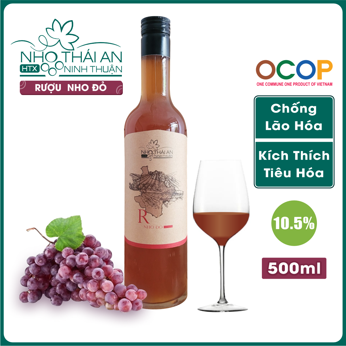Nước Nho Lên Men Thái An Chai 500ml, Không Chất Bảo Quản, Tự Nhiên, Vị Ngọt Dịu Thơm Vị Nho Đặc Trưng