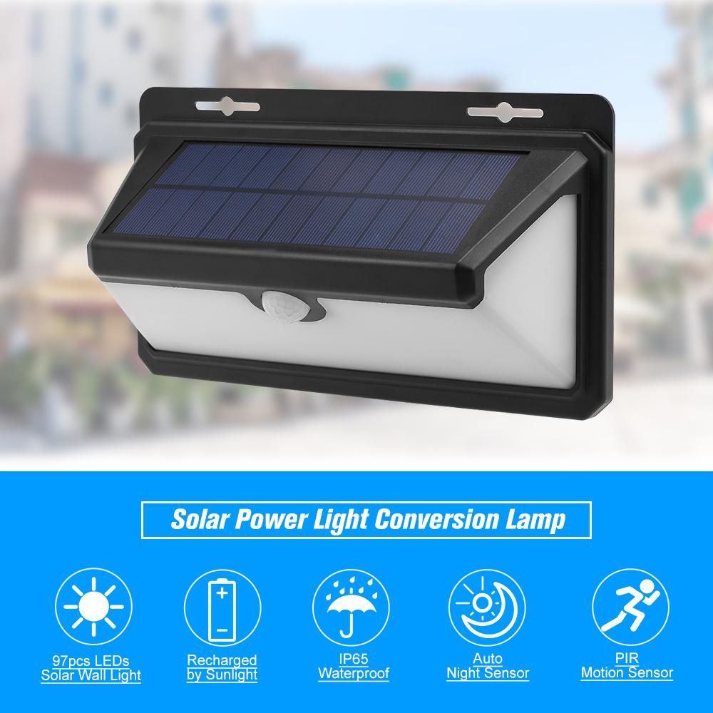 Solar Sensor Wall Lights, 97 LEDs Waterproof Solar Powered PIR Motion Sensor Energy Saving Night Lights for Garden, Fence, Patio, Driveway