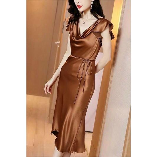 Đầm body trơn cổ đổ tay bèo cột nơ sexy sang chảnh