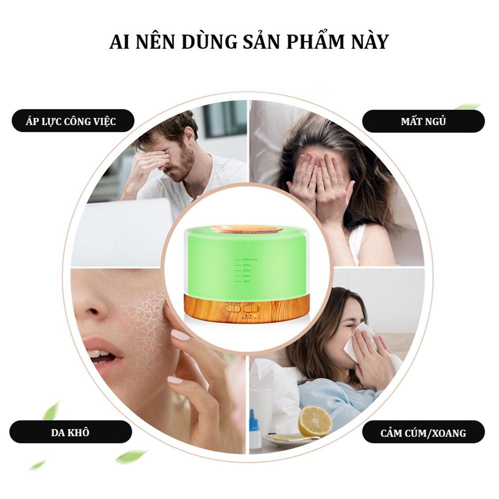 Máy Xông Tinh Dầu Khuếch Tán Phun Sương Trụ Vân Gỗ Bù Ẩm Phòng Điều Hoà Có Chế Độ Tự Ngắt Khi Hết Nước Có Đèn Led 7 Màu Phù Hợp Với Phòng 30m