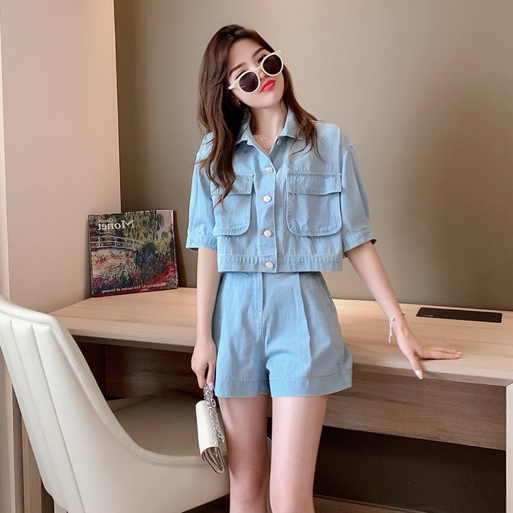 Đồ bộ mặc đi chơi cafe đi dã ngoại chất denim dành cho nữ AE02