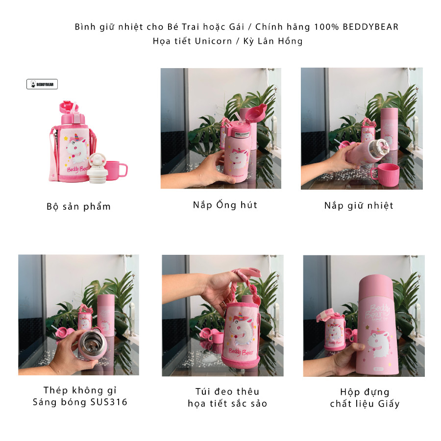 Bình giữ nhiệt cho Bé Gái Chính hãng 100% BEDDYBEAR - Dung tích 600 ml - 2 Nắp thay thế - họa tiết Unicorn-Kỳ Lân - phù hợp Bé từ 2 tuổi trở lên - Bảo hành chính hãng 2 năm