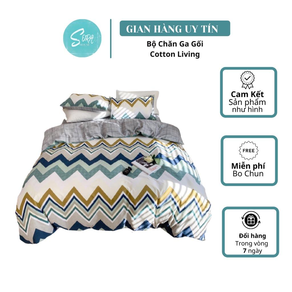 Bộ Chăn Ga Gối Cotton Living Ziczac Xanh Dương