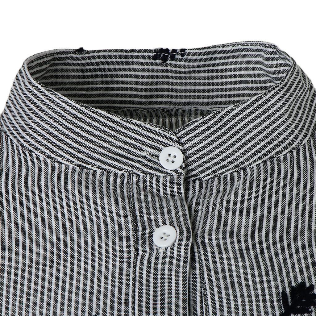 Women Stand Collar Long Sleeve Embroidery Striped Slim Blouse Base Shirt