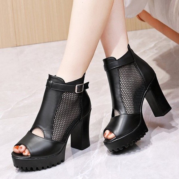 [TRỢ SHIP_GIÀY XỊN] Giày bốt nữ, boots cao gót gót vuông 10 phân chunky hở mũi phối lưới S055