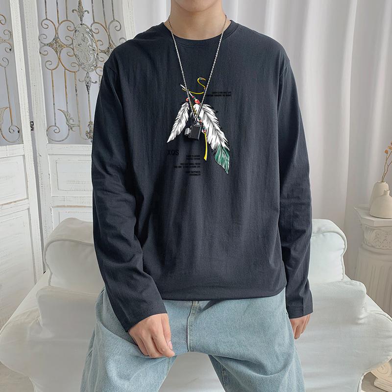 Áo thun cotton tay dài in hình lông vũ 4 màu phong cách năng động  cho nam