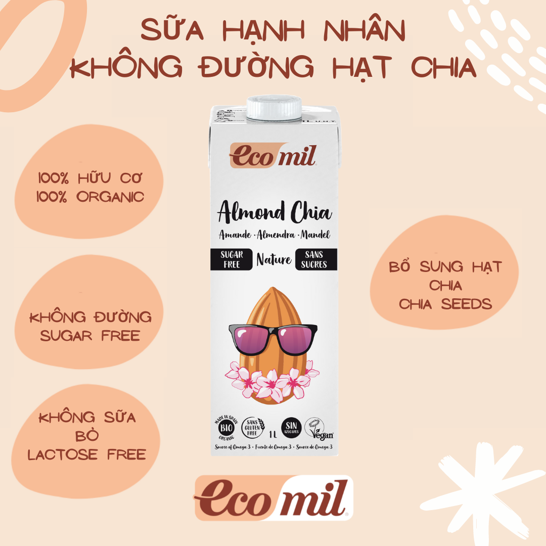 Sữa Hạt Hạnh Nhân Hạt Chia Không Đường Hữu Cơ Ecomil (1L) - Organic Almond Chia Milk Sugar-free