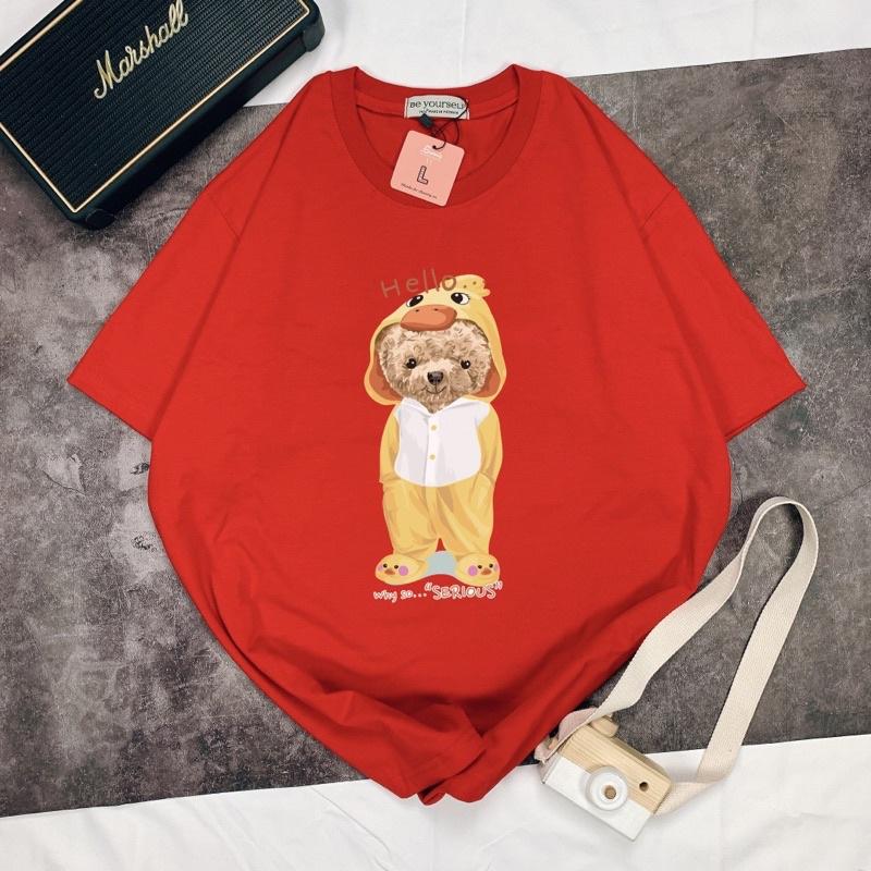 Áo Thun Tay Ngắn UNISEX in Decal IN DECAL GẤU HELLO - Hình chụp thật - Số đo ở cuối