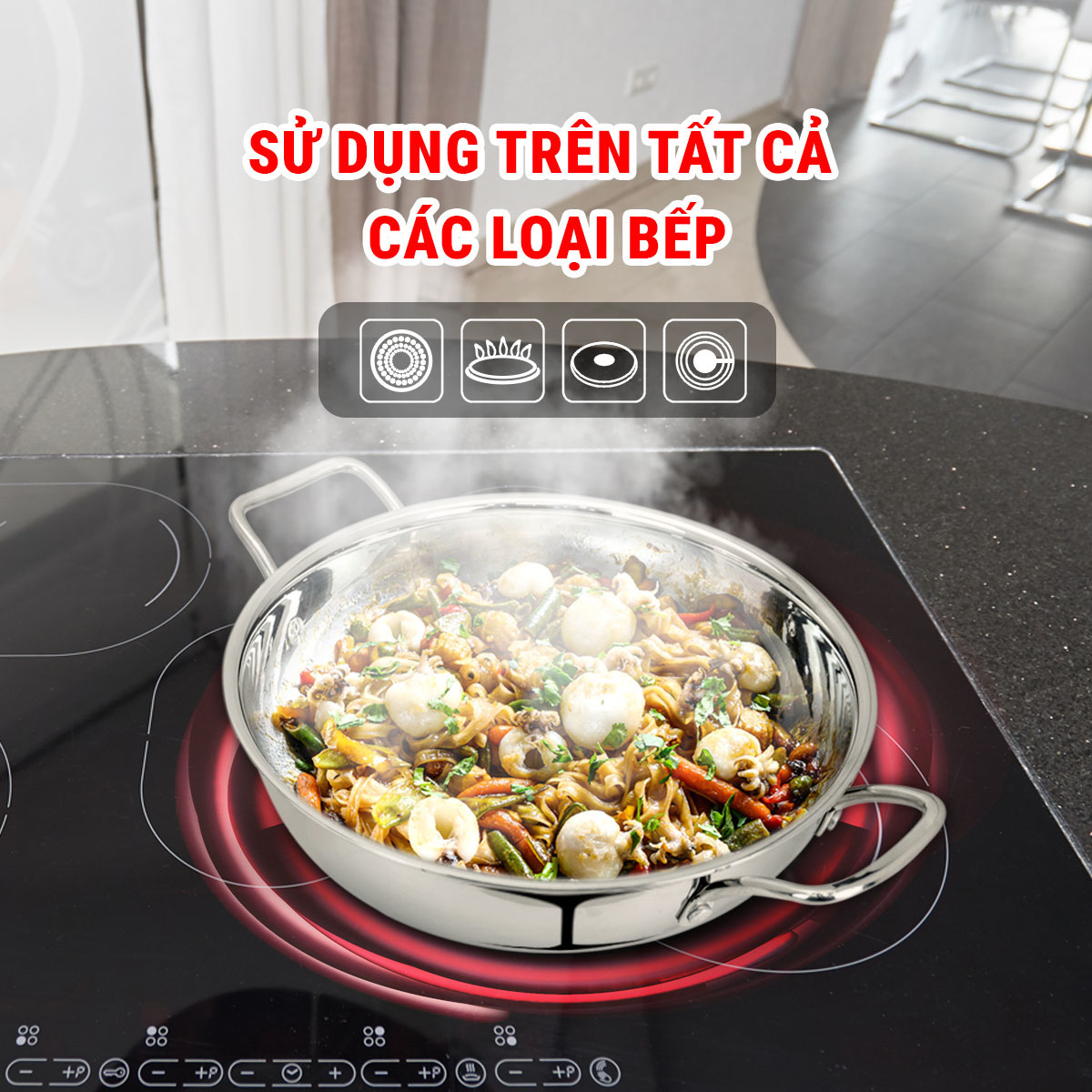 Chảo xào Inox 5 lớp đúc liền khối Kalpen Lager LX32 size 32cm, bảo hành 30 năm