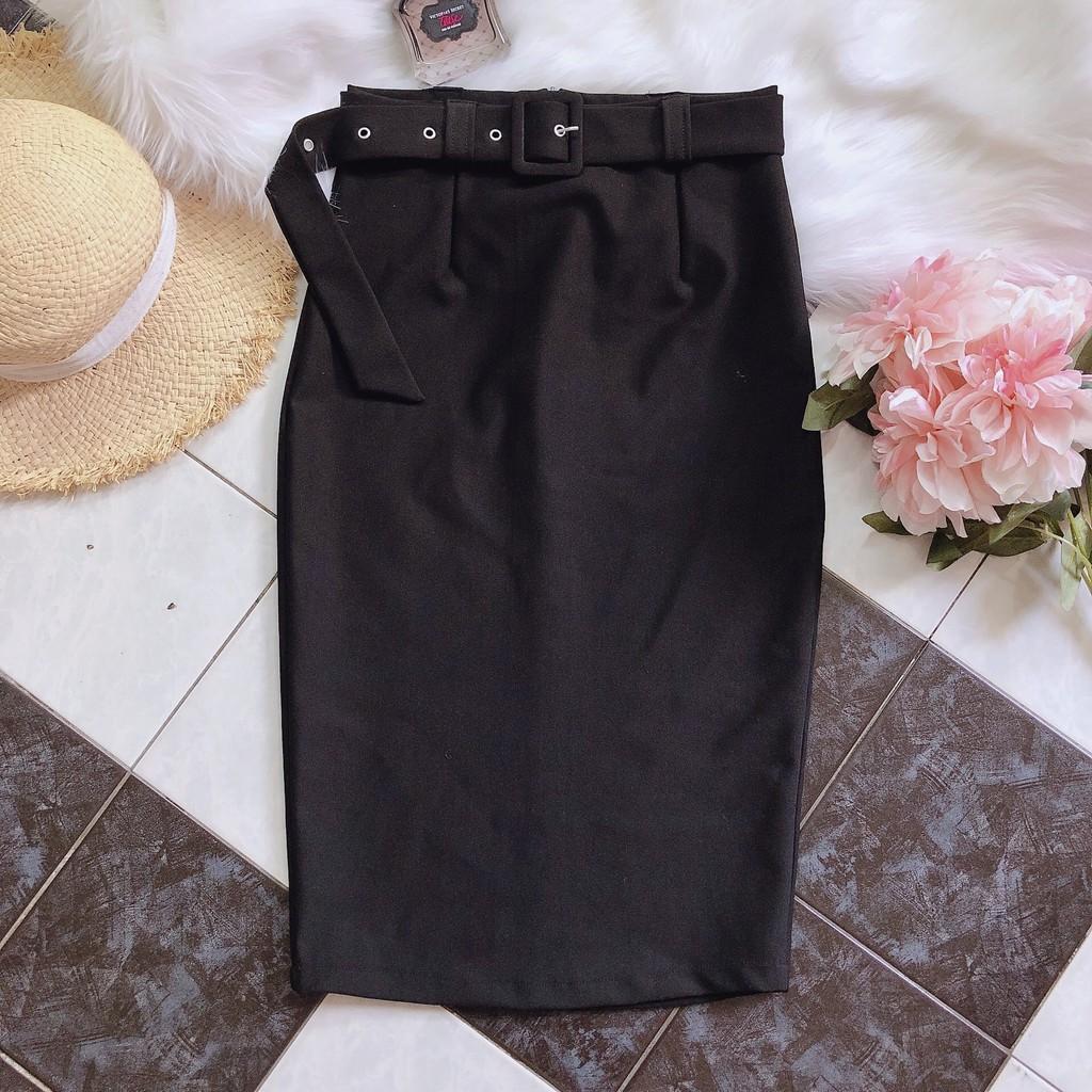 Chân váy công sở dài bigsize kèm belt màu đen dài 63cm 