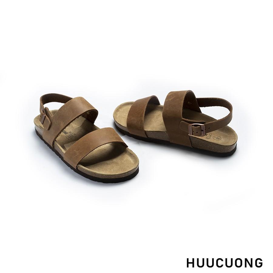Sandal Unisex HuuCuong 2 quai da bò nâu đế trấu handmade