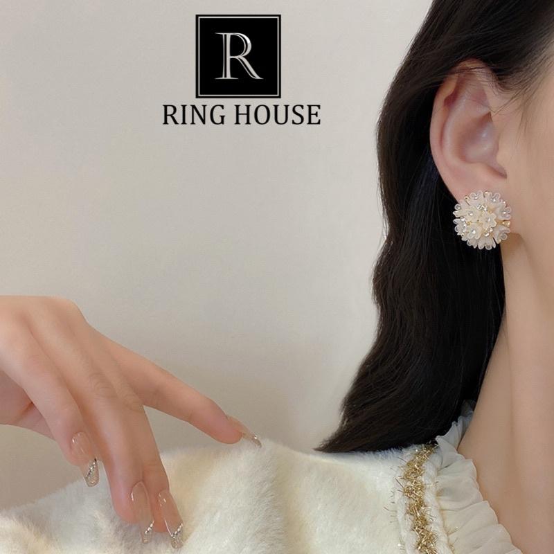 (Chuôi Bạc 925) Khuyên Tai Bông Tai Nữ Tròn Chùm Hoa Trắng Đính Ngọc Sáng Dự Tiệc Ring House