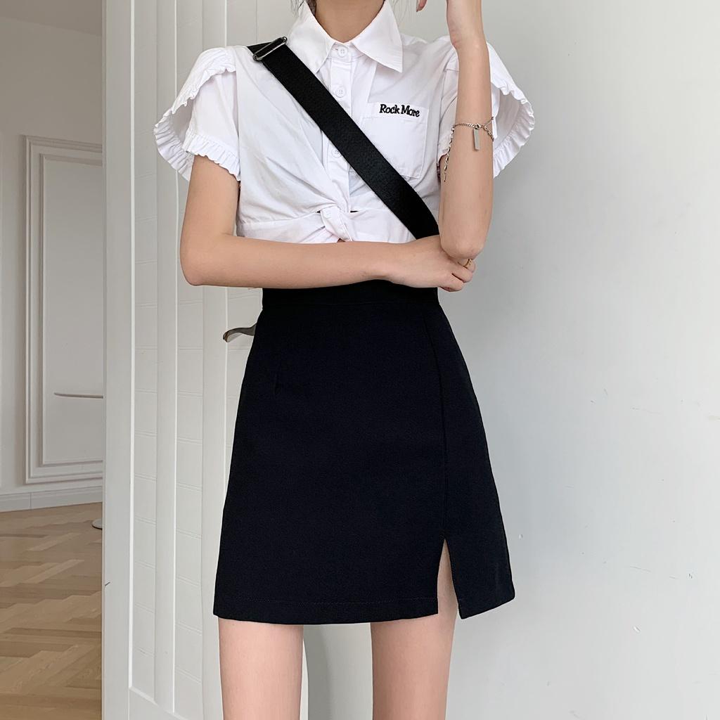 Chân váy ngắn chữ A xẻ tà lưng cao có quần lót trong BeeMit, Chân váy chữ A công sở dáng ngắn xẻ tà trước