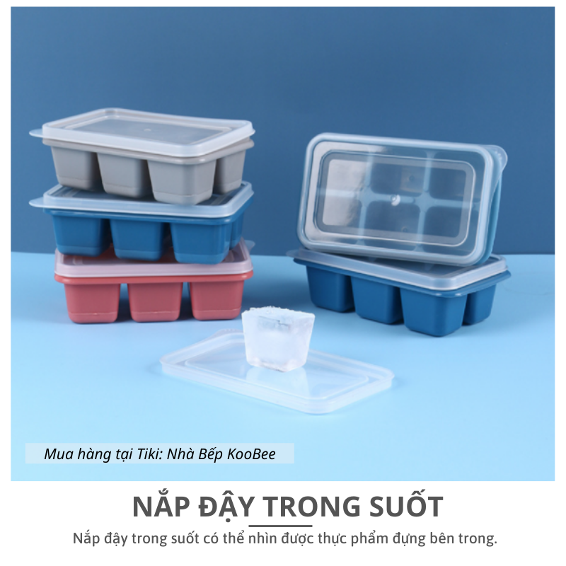 Khay đá khay trữ đông ăn dặm, làm thạch rau câu silicon dẻo 6 ngăn có nắp đậy - Bộ chia thức cho bé ăn dặm KooBee