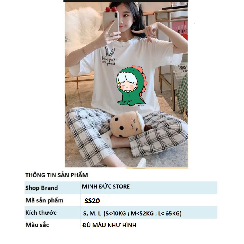 Sét Bộ Nữ SS20, Sét Đồ Nữ Đi Chơi Đẹp In Cô Gái Khủng Long Xanh, Sét Áo Vải Cotton, Và Quần Kẻ Màu Cá Tính