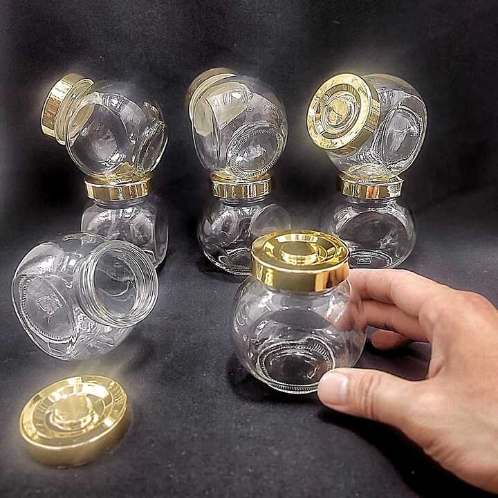 Hũ thủy tinh đựng gia vị 180ml mẫu Tròn Dẹt kiểu nghiêng 2 đáy - nắp nhựa vàng - hũ chưng yến thuỷ tinh, lọ đựng bánh kẹo, hạt dưa, tổ yến, mật ong, sữa ong chúa, thực phẩm, mỹ phẩm