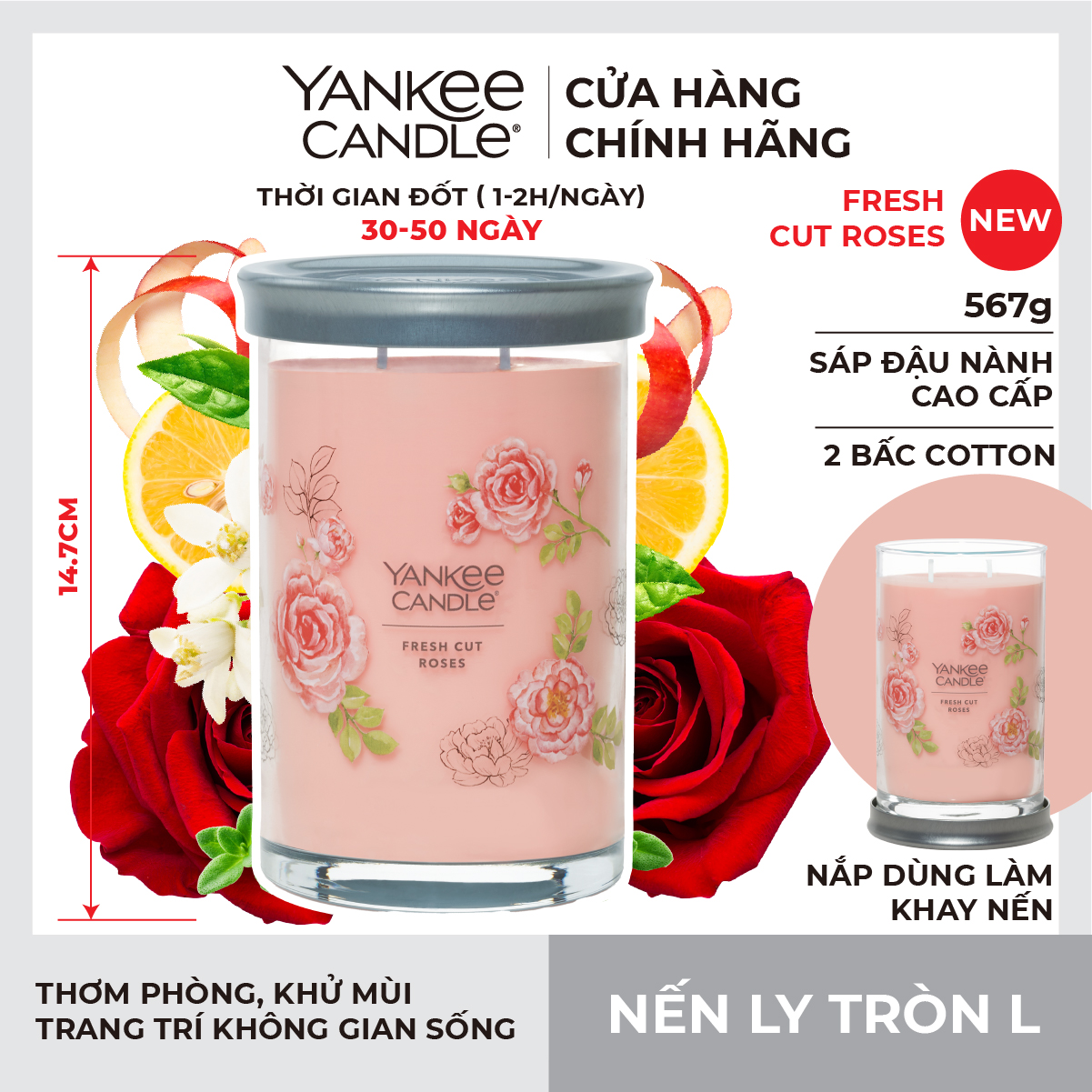 Nến ly tròn sáp đậu nành Yankee Candle size L (567g) - Fresh Cut Roses