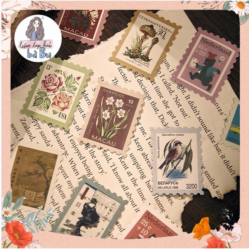 Gói 46 pcs stickers dạng tem thư dùng để trang trí kiểu cổ điển vintage junkjournal