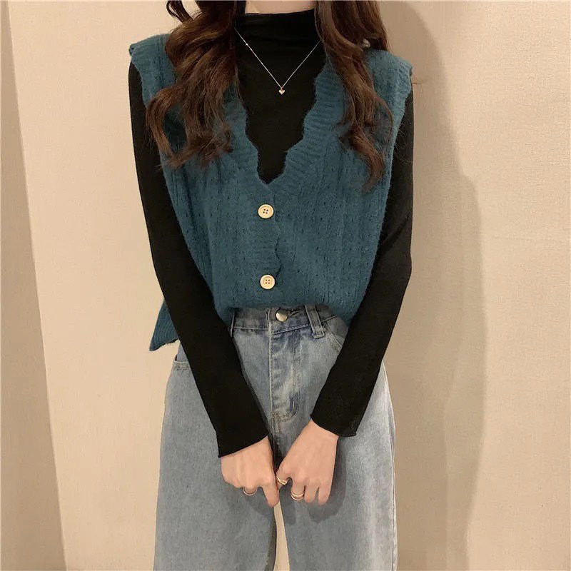 Áo Gile len nữ vặn thừng đóng cúc 03