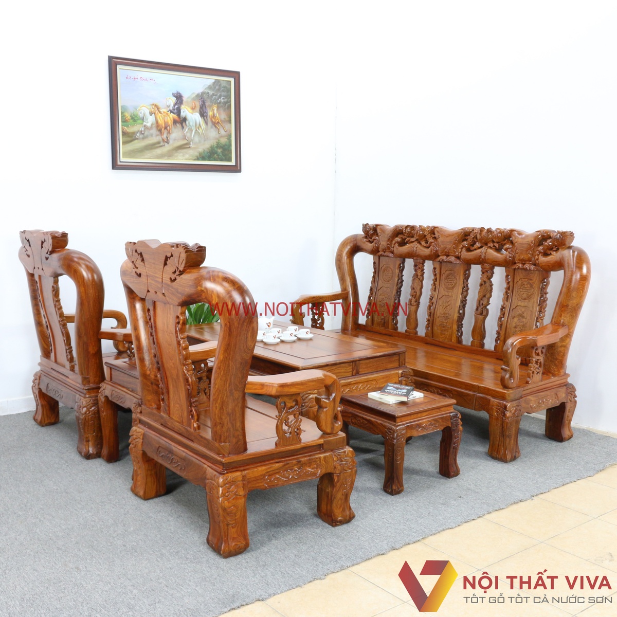 Bộ Bàn Ghế Salon Gỗ Hương Vân Tay 14 Chạm Đào 6 Món Cao Cấp