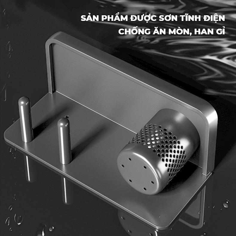 Giá treo máy sấy tóc nhôm chống gỉ dán tường hoặc khoan VANDO kèm ống đựng lược, máy cạo râu tiện lợi - keo dán và đinh ốc