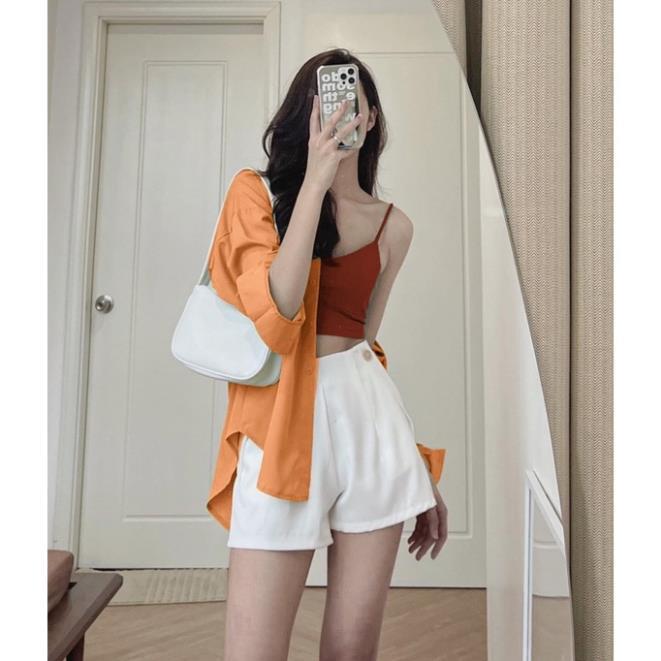 Set áo croptop bra 2 dây phối áo khoác sơ mi kèm quần shorts trắng