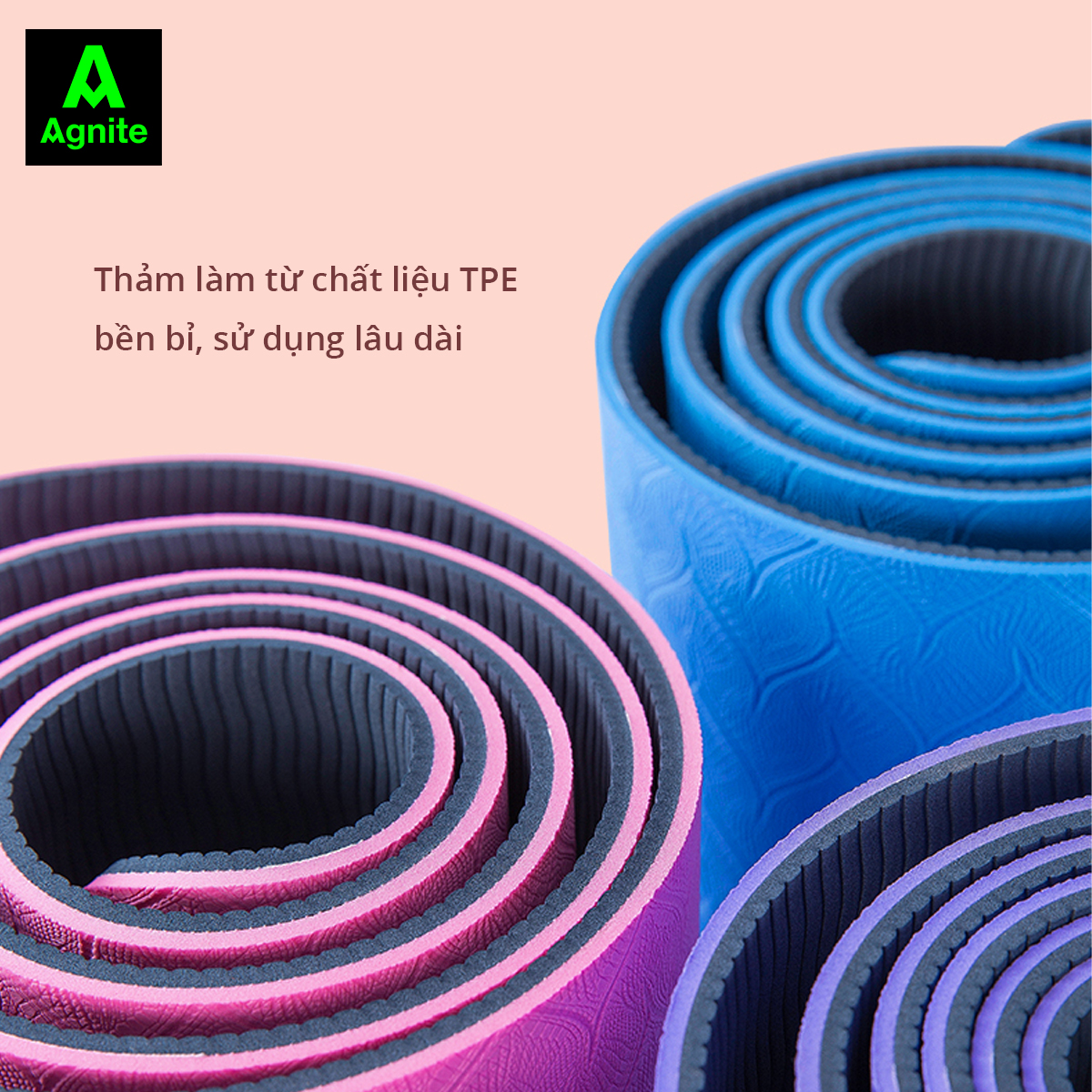 Thảm tập Yoga và GYM 2 lớp TPE dày 6mm cao cấp Agnite - Chống trơn trượt, khử ẩm mốc, độ bám tốt - Hàng chính hãng - Kèm dây buộc - F4177