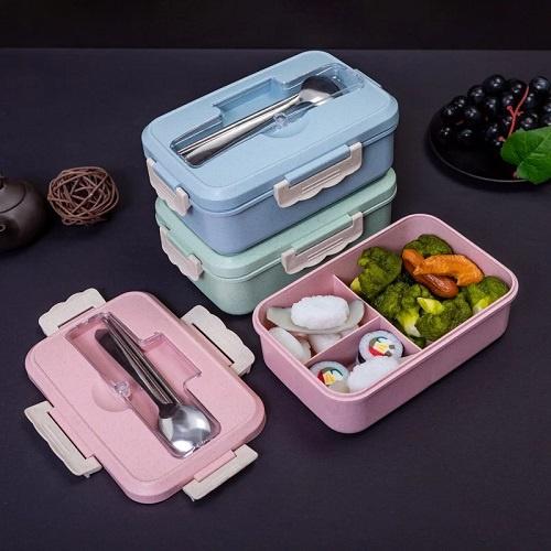 Hộp Đựng Cơm Lúa Mạch 3 Ngăn Kèm Đũa Thìa Inox Cao Cấp