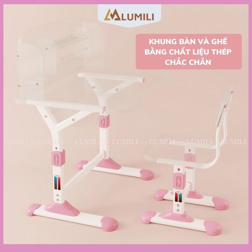 Bàn ghế học sinh Lumili D2 có giá sách chống gù chống cận, bàn học thông minh kèm kệ sách phù hợp cho học sinh tiểu học