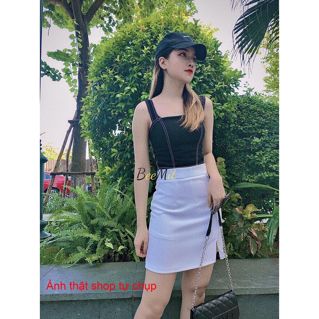 Chân váy ngắn chữ A xẻ tà lưng cao có quần lót trong BeeMit, Chân váy chữ A công sở dáng ngắn xẻ tà trước