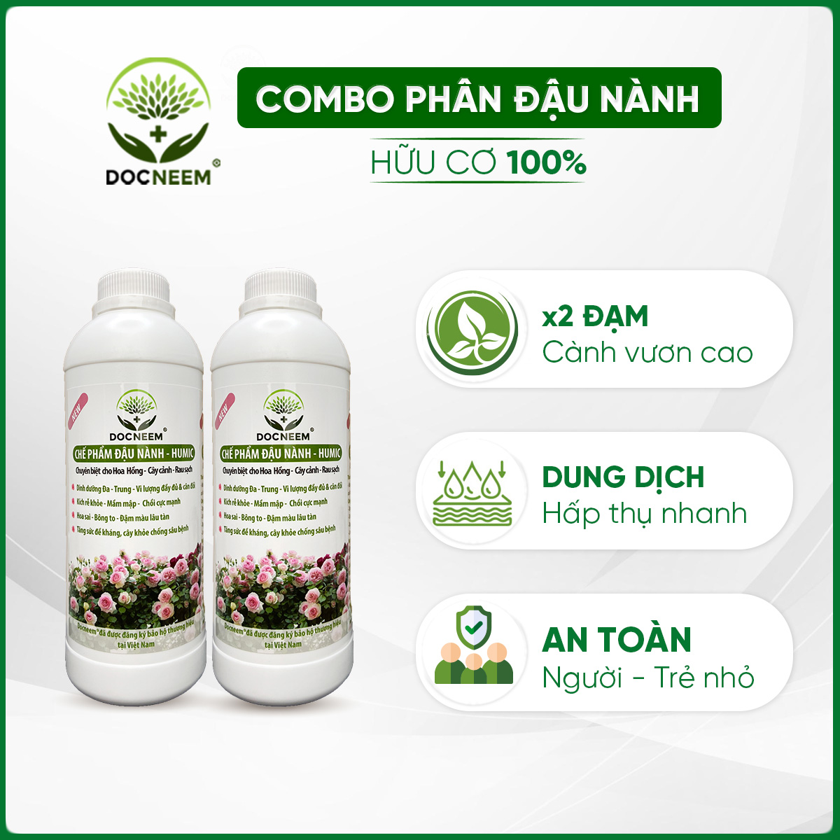 Combo Phân bón đậu tương, đậu nành chuối humic DOCNEEM kích mầm, chồi, hoa chuẩn form trên hoa hồng, cây cảnh, combo 2 chai 1 lít