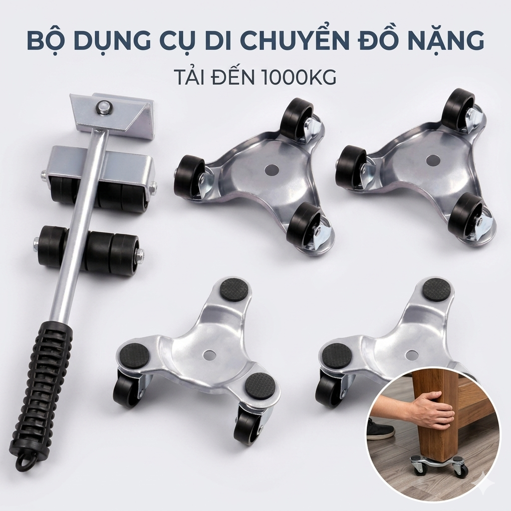 Bộ dụng cụ nâng di chuyển vật nặng thép hợp kim - bánh xe xoay 360 độ có vòng bi chịu lực siêu bền