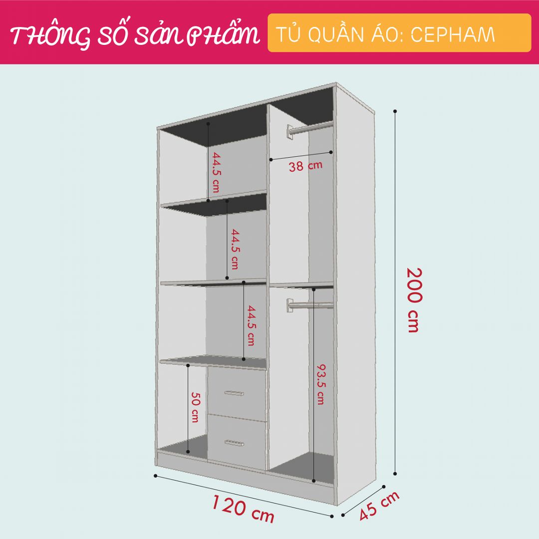 Tủ quần áo gỗ hiện đại SMLIFE Cepham | Gỗ MDF dày 17mm chống ẩm | D120xR45xC200cm