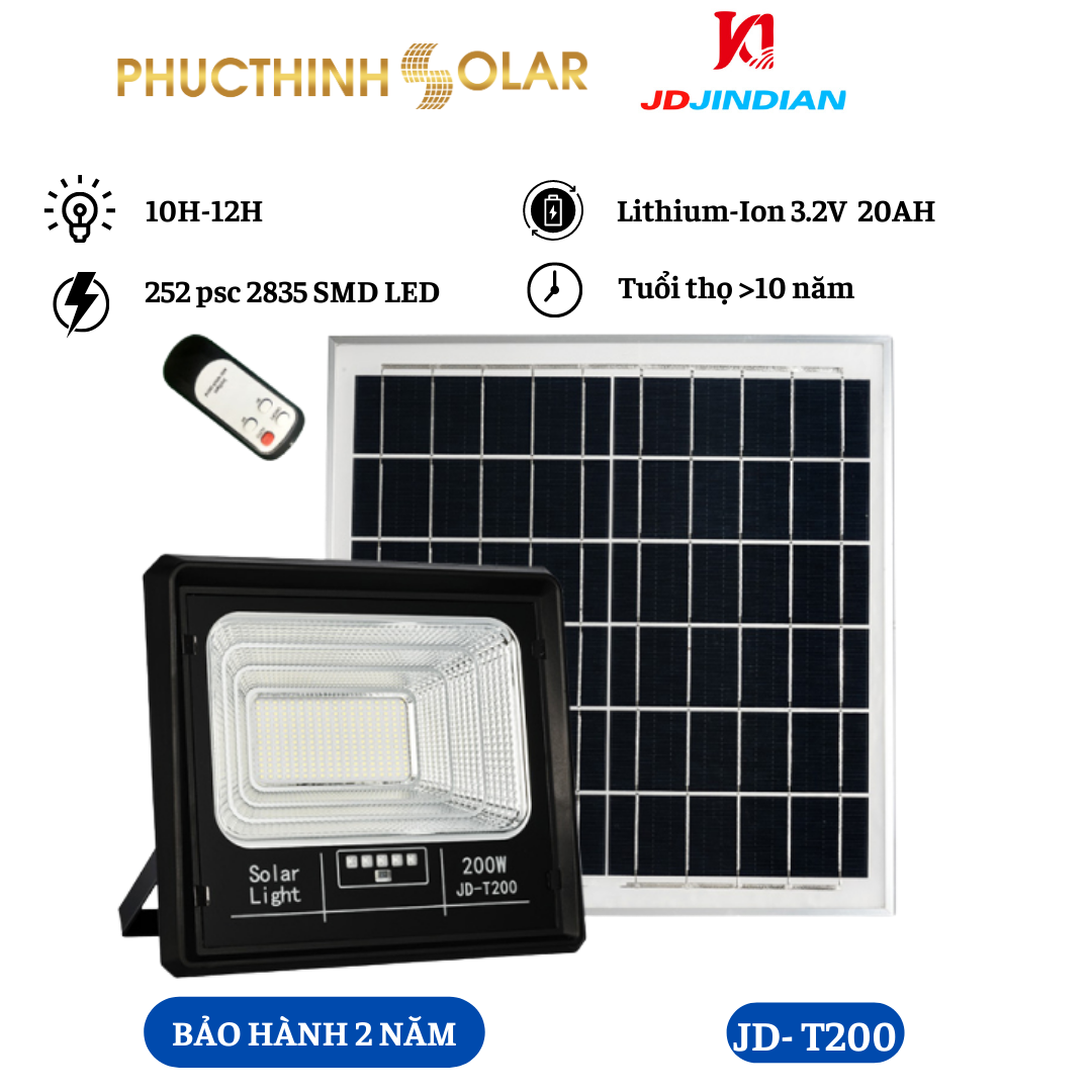 Đèn Pha Năng Lượng Mặt Trời 200W Jindian JD-T200 Đèn Pha Led Ngoài Trời Chống Nước IP67, Có Remote | Phúc Thịnh Solar