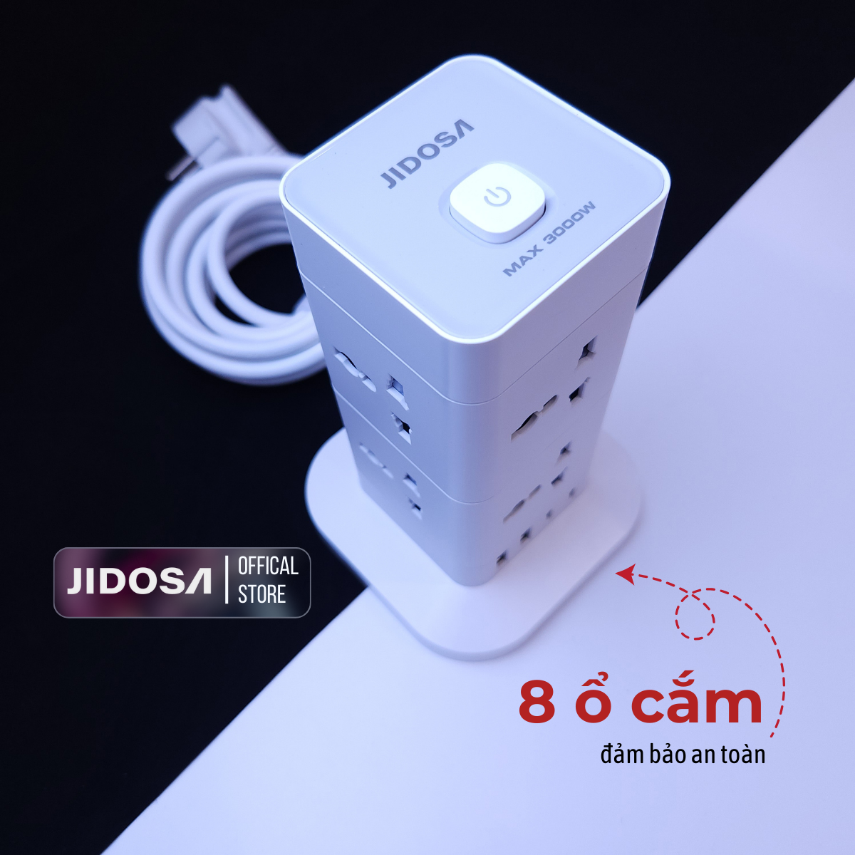 Ổ cắm điện tháp vuông đa năng thông minh JIDOSA JDT814T 8 Ổ cắm tải 3000W USB - Type C dây dài 3m