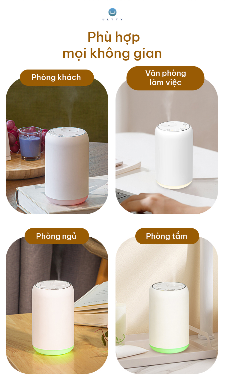 Máy Khuếch Tán Tinh Dầu U ULTTY Aroma – 3 Mức Lan Tỏa Hương, Đèn LED Thư Giãn, Thiết Kế Nhỏ Gọn, Sang Trọng, Tiện Lợi