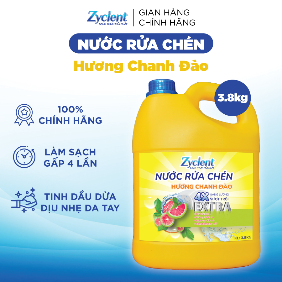 NƯỚC RỬA CHÉN ZYCLENT EXTRA HƯƠNG CHANH ĐÀO - 3.8KG