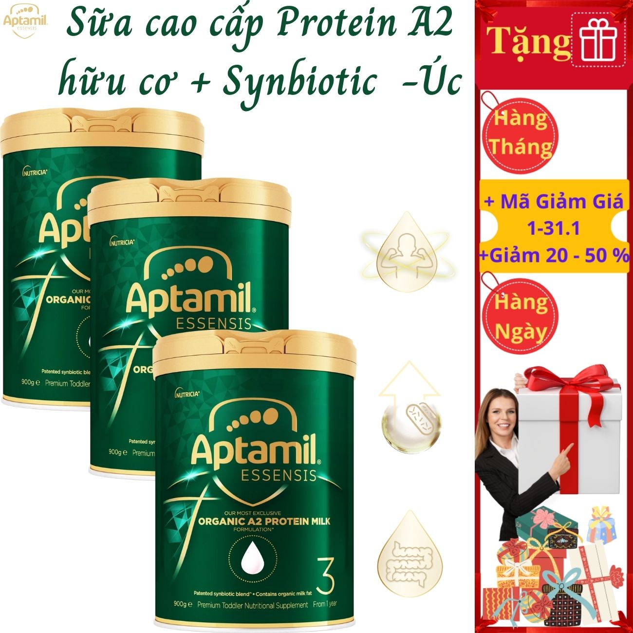 Sữa tăng chiều cao cho trẻ từ 1 tuổi Aptamil Essensis Protein A2 Úc (Số 3)- Công thức Synbiotic độc quyền Giúp tăng cường hệ miễn dịch, hỗ trợ hệ tiêu hóa, Phát triển chiều cao, Cân nặng, trí tuệ và tăng sức đề kháng (900gx3hộp)