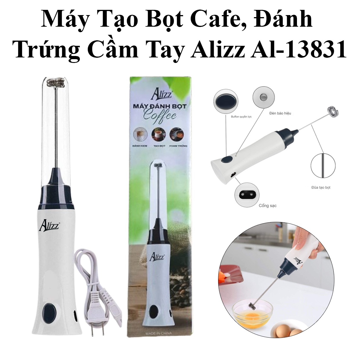 Máy Tạo Bọt Cafe Đánh Foam Trứng Cầm Tay Sạc Điện Alizz Al-13831