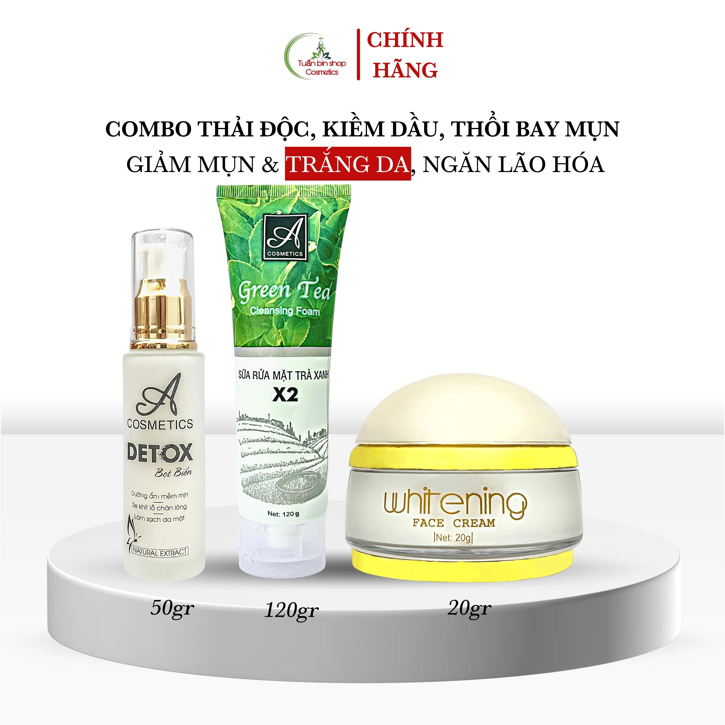 Combo dưỡng trắng mặt, kiềm dầu, thải độc da Acosmetics, kem face pháp, sữa rửa mặt trà xanh x2, detox bọt biển 190g