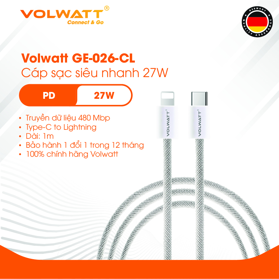 Cáp sạc nhanh 27W Volwatt GE-026-CL hàng chính hãng | Cáp Type-C to L PD, thích hợp từ iP14 trở xuống - BH 12 tháng