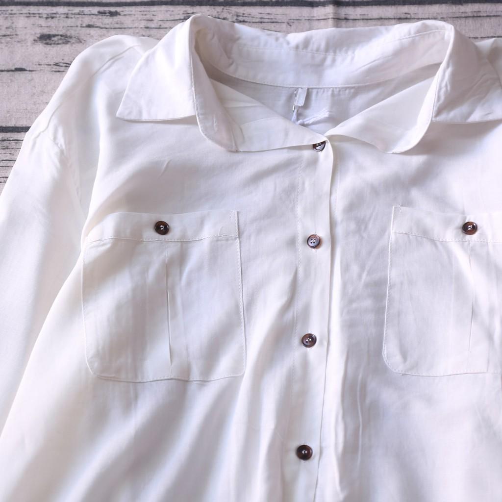 ÁO SƠ MI TRẮNG DÁNG DÀI ĐÍNH CÚC NÂU